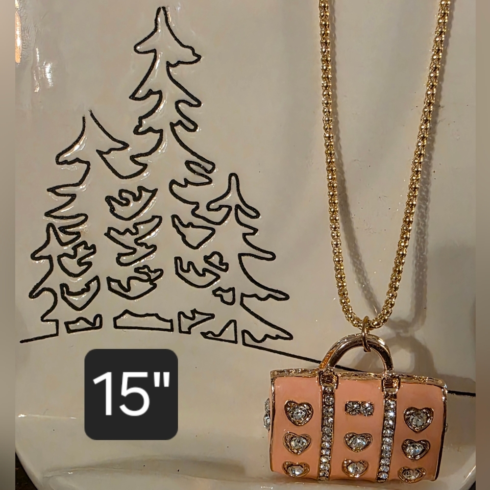 BETSY JOHNSKN Gold Tone Necklace with Pink Pendant